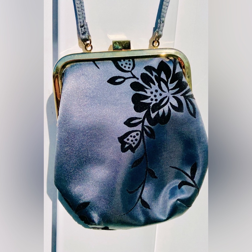 Liz Claiborne grey satin/black velour evening bag -gold hardware & top snap